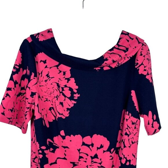 Trina Turk Career Floral 60s Dress Navy Pink High Neck Low V Back Midi Sz 10 GUC - Picture 2 of 12